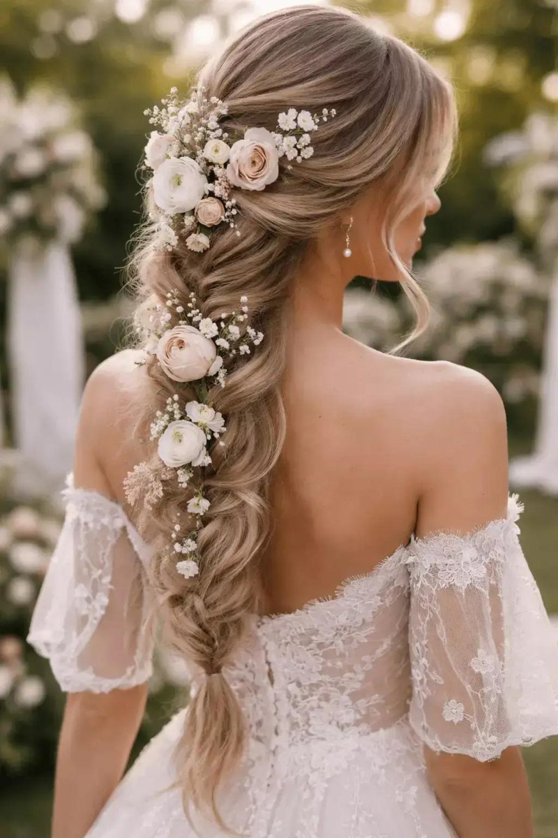 Bohemian vlecht bloemen bruidskapsel