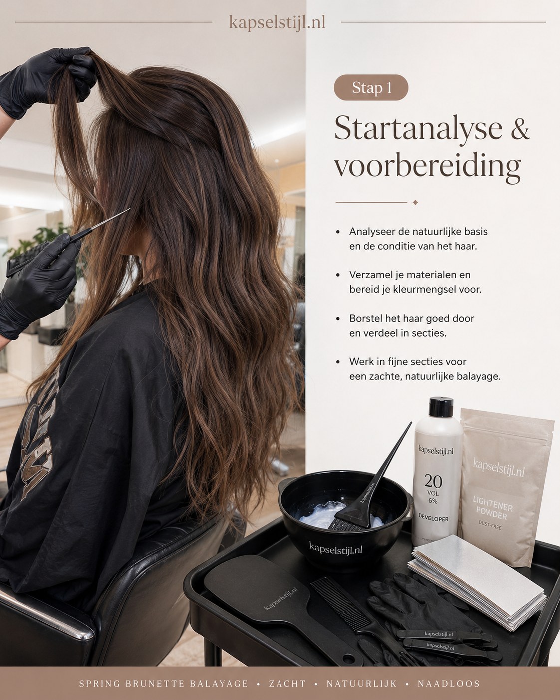Startanalyse van lang bruin haar vóór de bronde balayage in de salon van Ilse