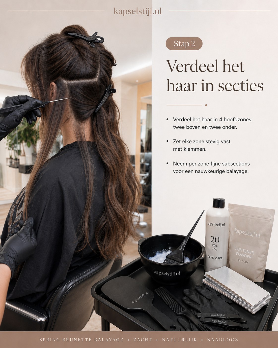 Haar verdeeld in vier secties als voorbereiding op bronde balayage lang haar
