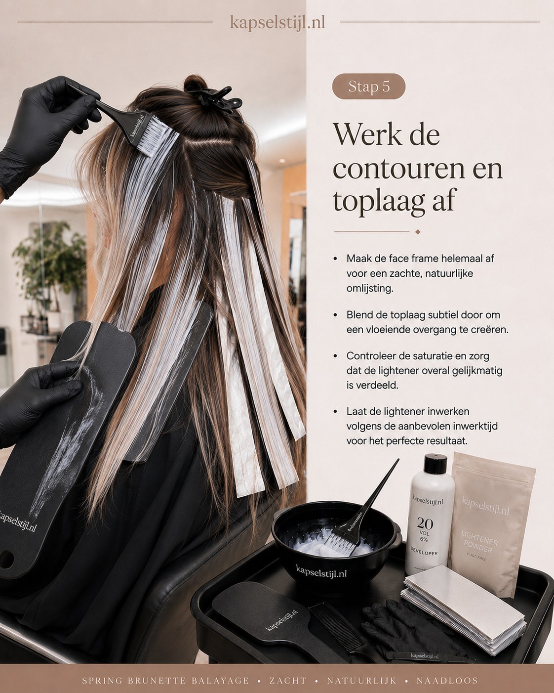 Contouren en toplaag worden afgewerkt voor een zachte, natuurlijke bronde balayage