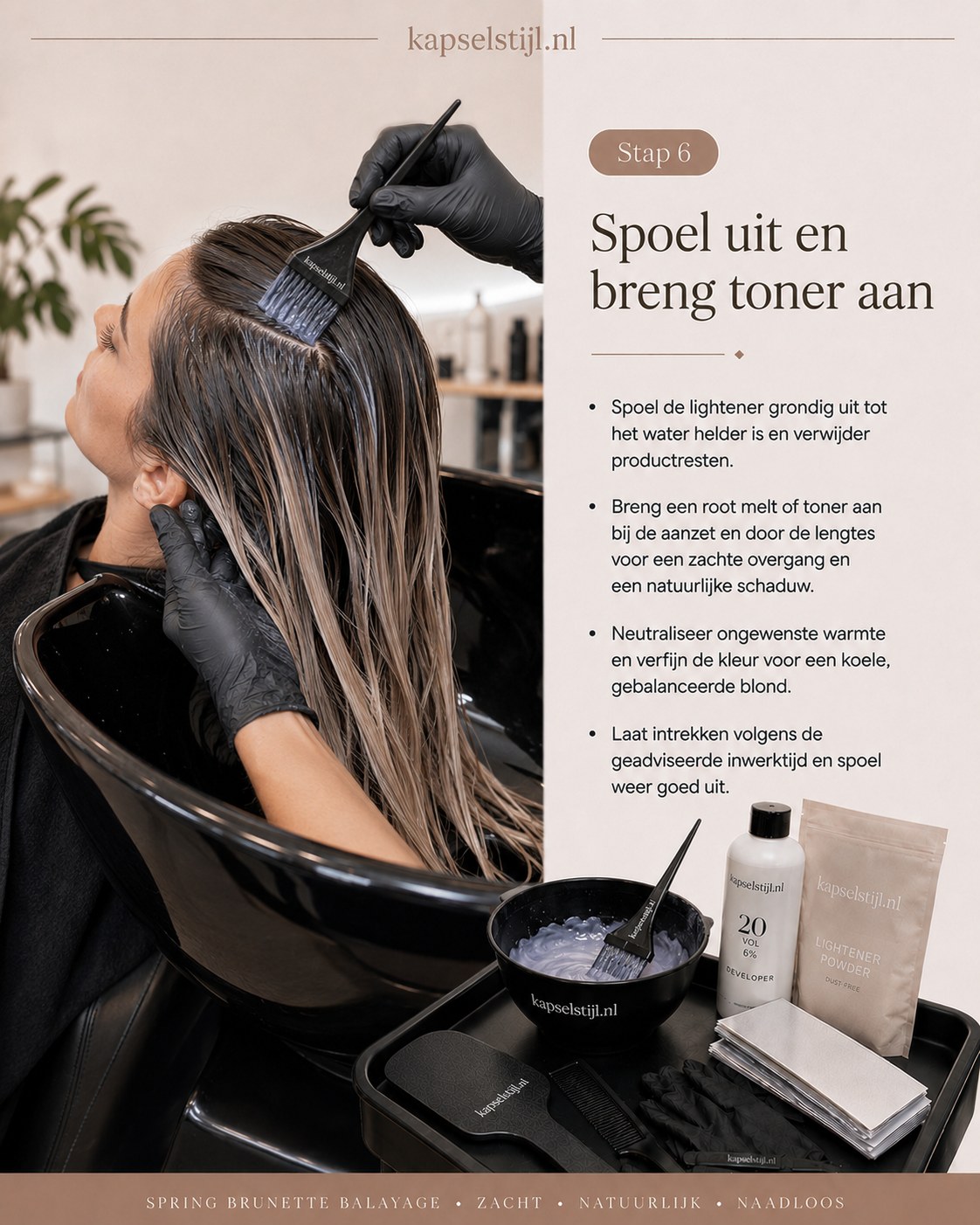 Uitspoelen van de lightener en toner aanbrengen voor een koele bronde tint
