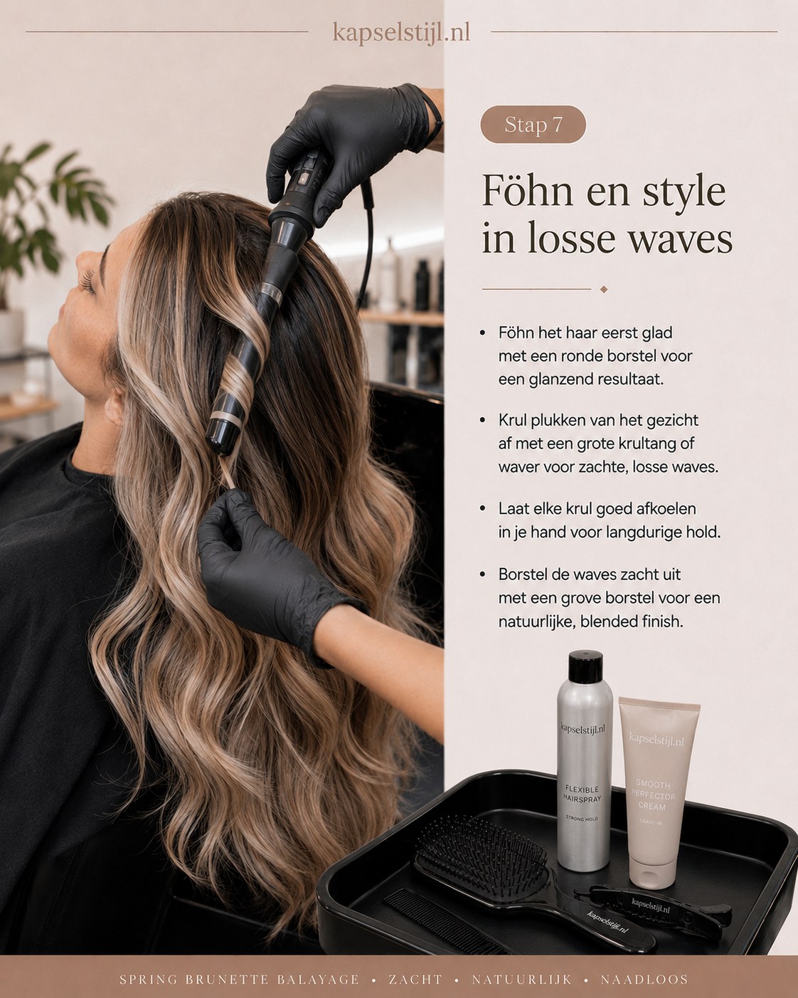 Föhnen en stylen in losse waves na de bronde balayage op lang haar