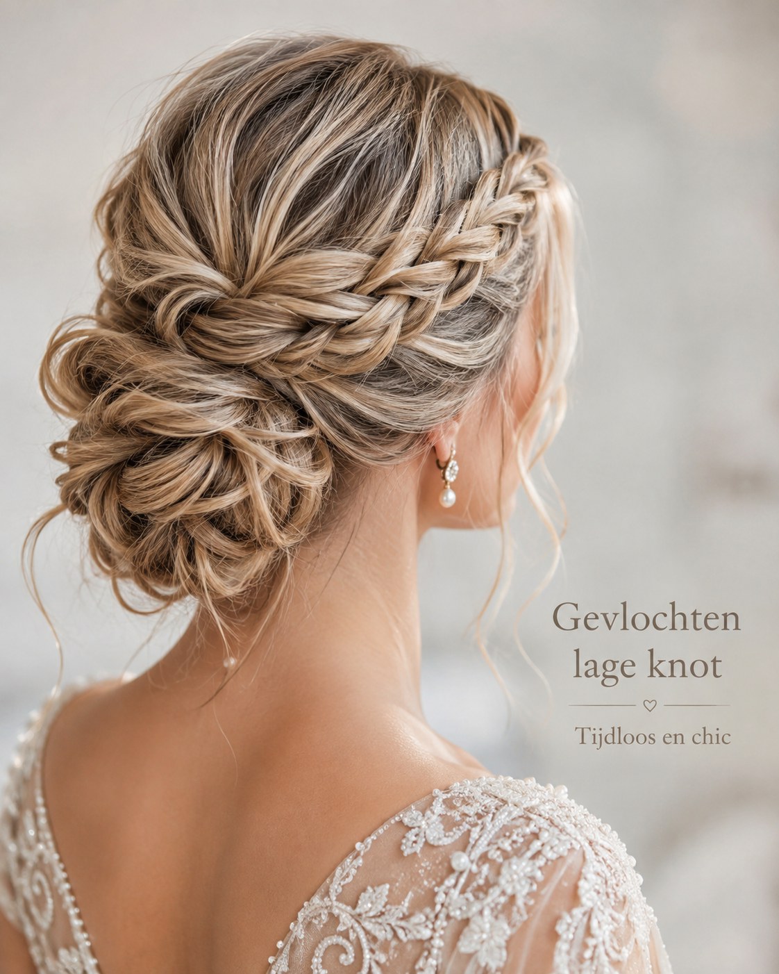 Gevlochten lage knot in de nek, een tijdloze festelijke frisuren voor een bruiloft.