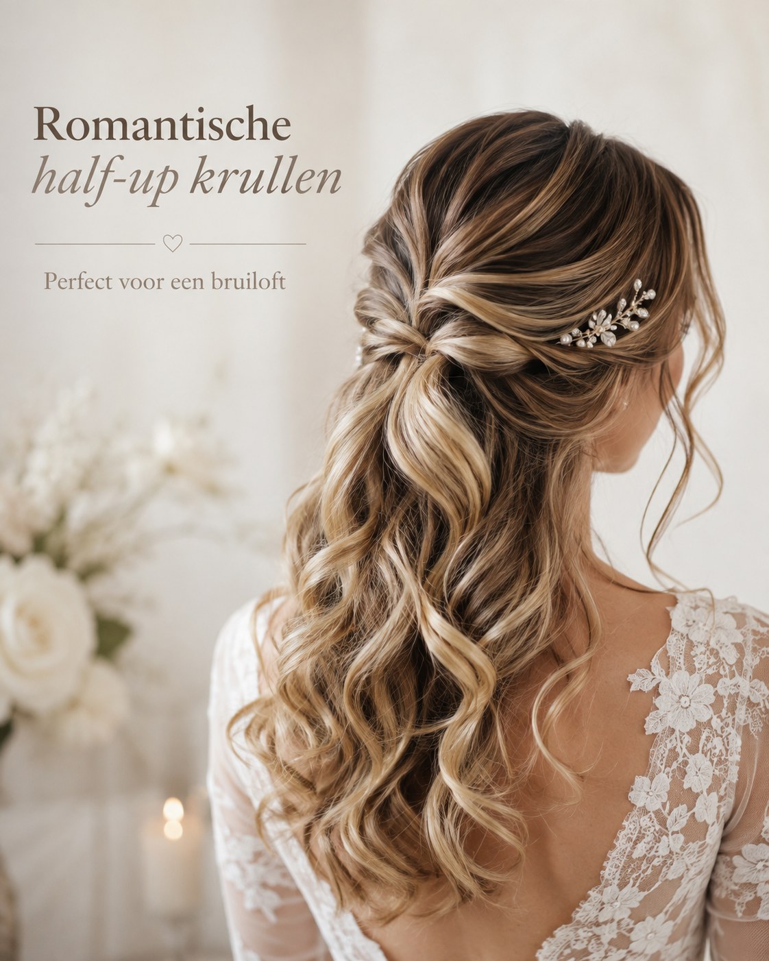 Romantische half-up krullen met parelspeld, een van de festelijke frisuren voor een bruiloft.