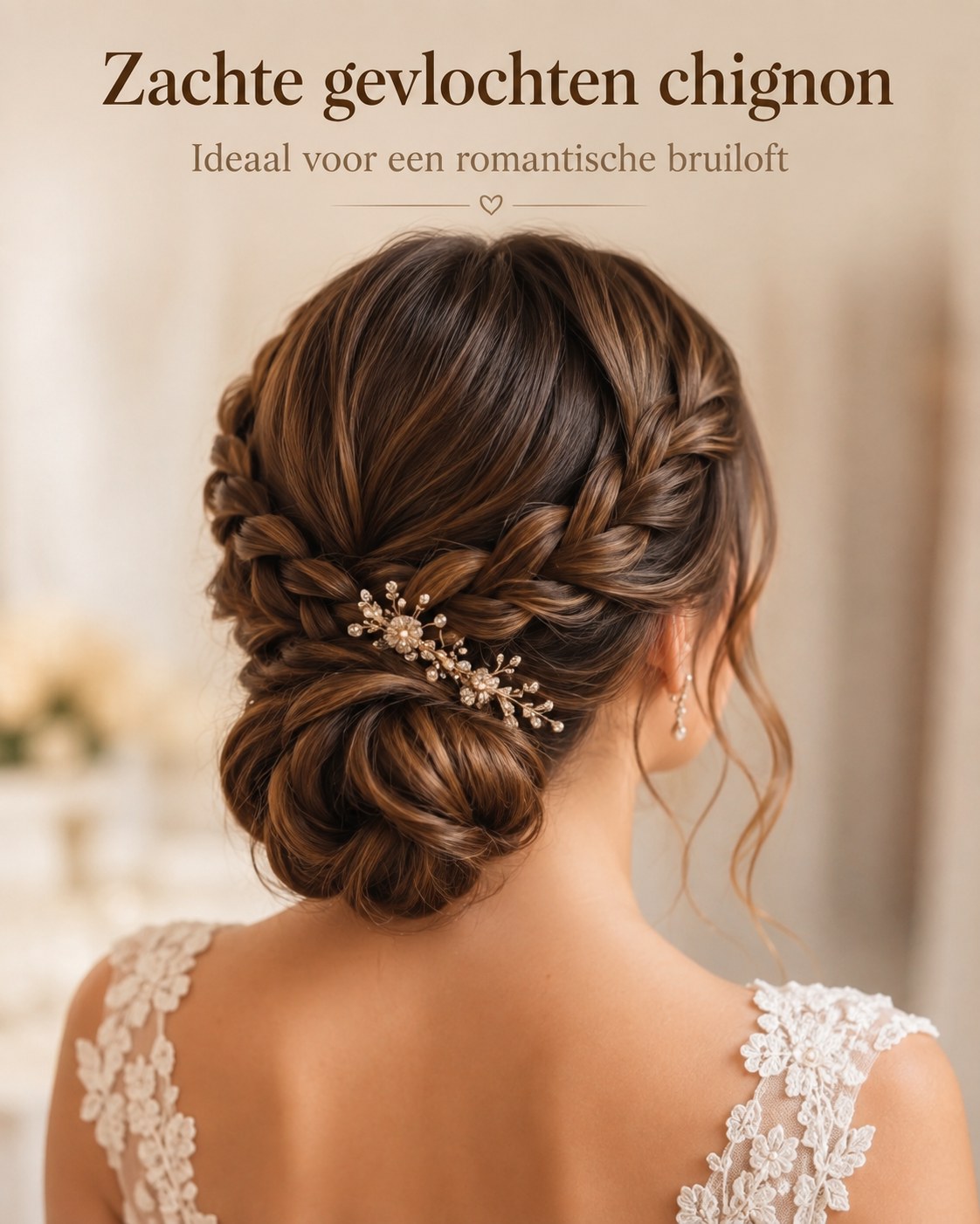 Zachte gevlochten chignon met haarsieraad, een romantische festelijke frisuren voor een bruiloft.