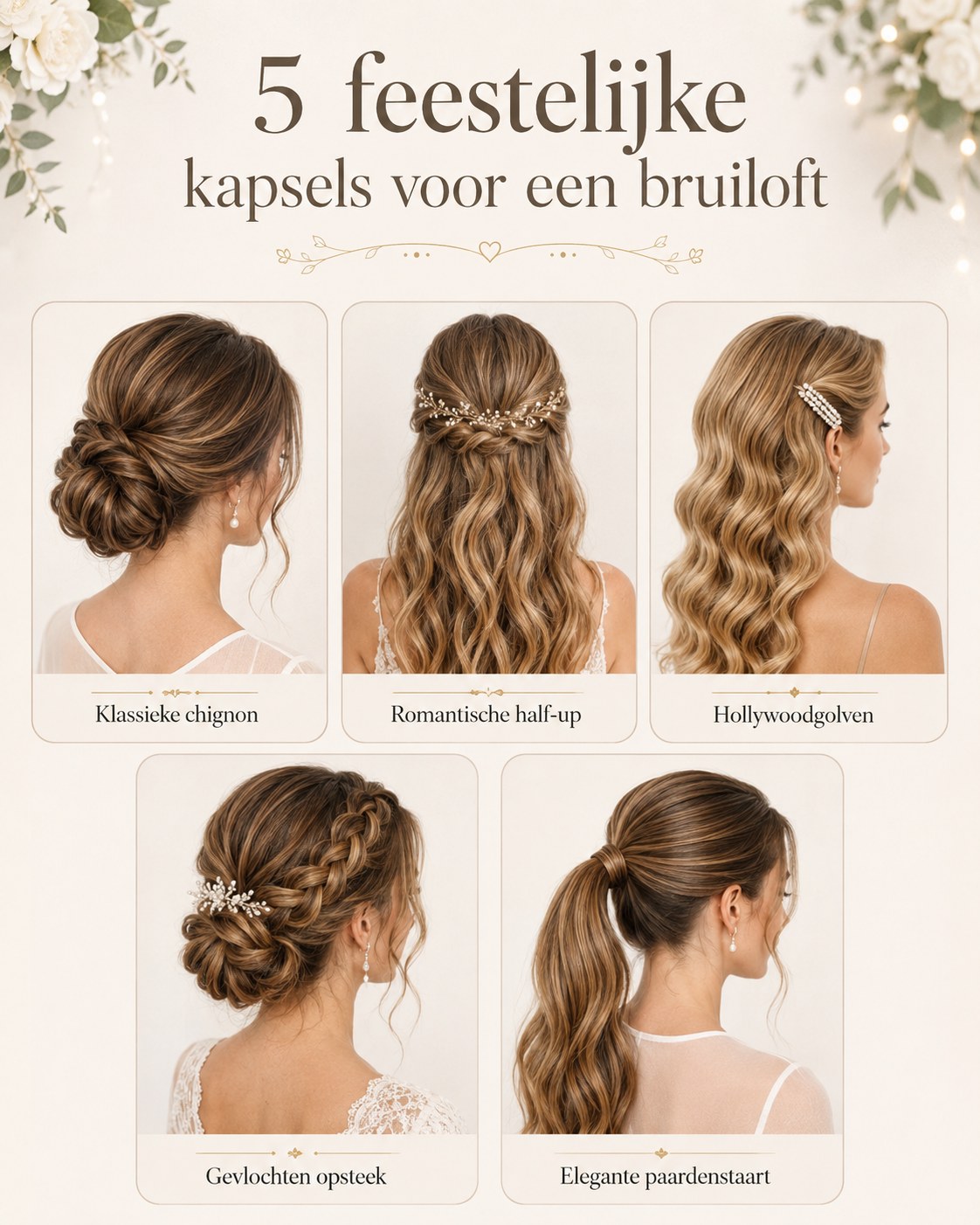 Nog eens vijf festelijke frisuren voor een bruiloft naast elkaar: chignon, golven, vlecht en staart.