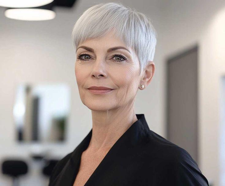 Grijze pixie coupe vrouw