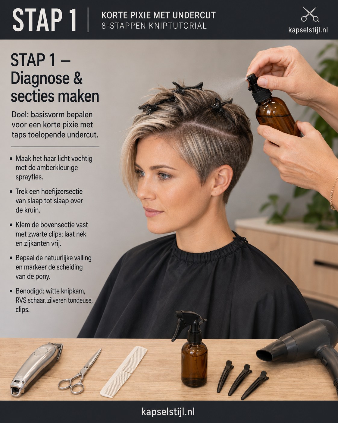 Kapster maakt hoefijzersectie en spuit haar licht vochtig als eerste stap voor een grijze undercut pixie