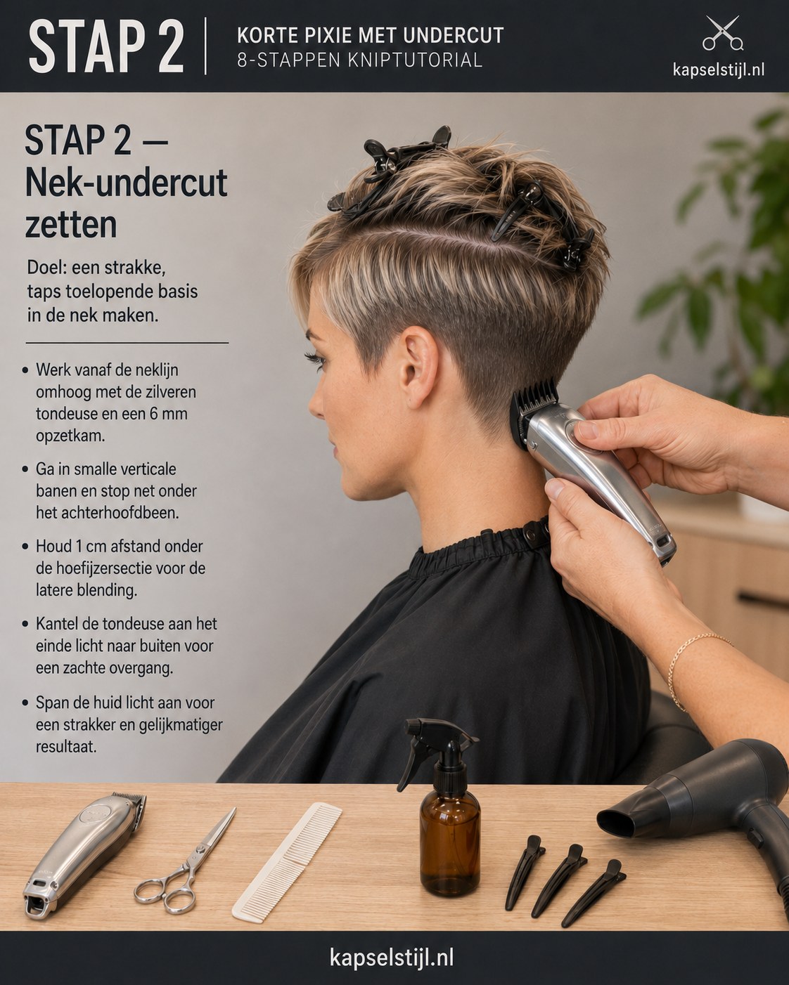 Zilveren tondeuse zet de nek-undercut in smalle verticale banen bij een grijze undercut pixie