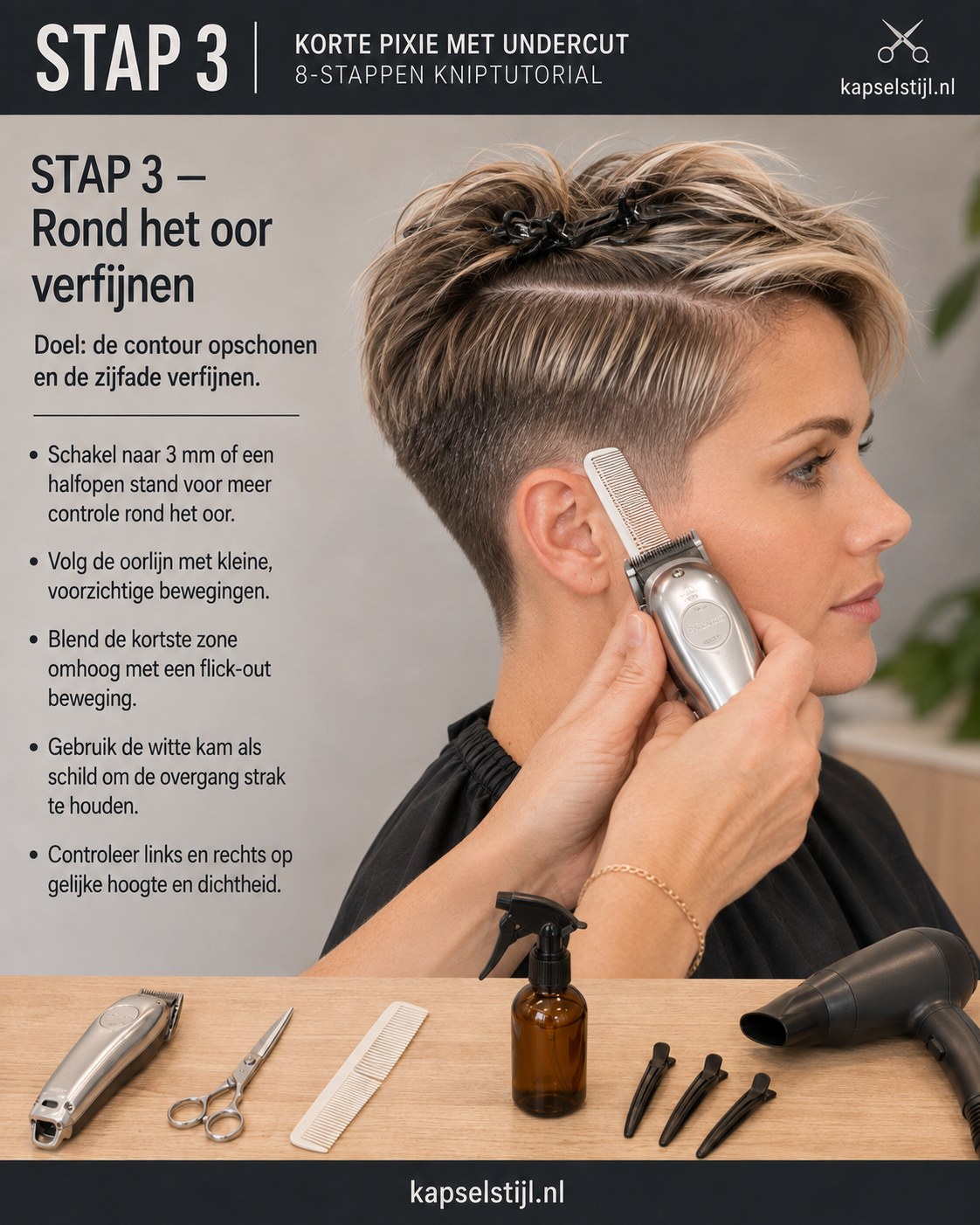Tondeuse verfijnt de contour rond het oor met flick-out beweging bij een grijze undercut pixie