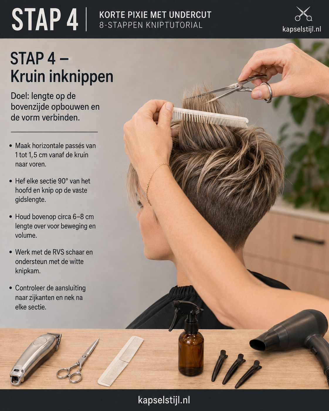 Schaar knipt horizontale passés op de kruin om volume op te bouwen voor de grijze undercut pixie