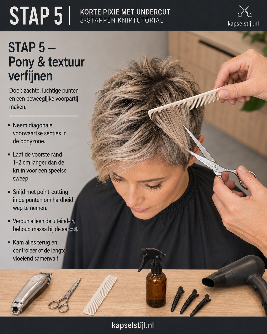Point-cutting in de pony geeft zachte, luchtige punten bij deze grijze undercut pixie