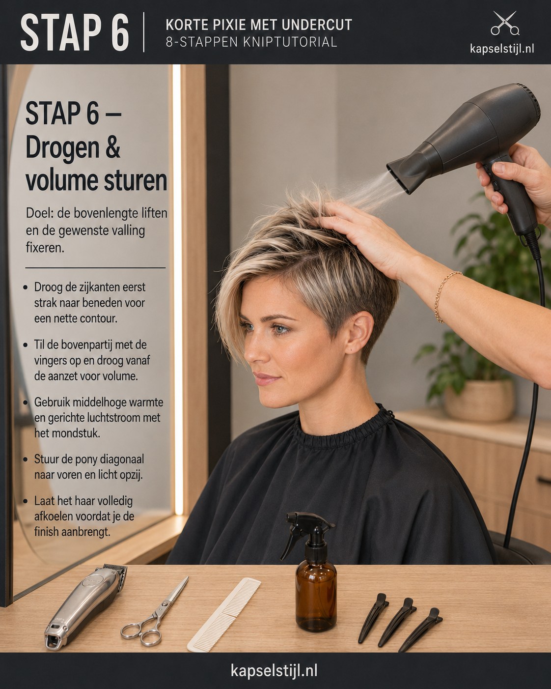 Föhn met mondstuk stuurt volume en pony diagonaal tijdens het drogen van de grijze undercut pixie