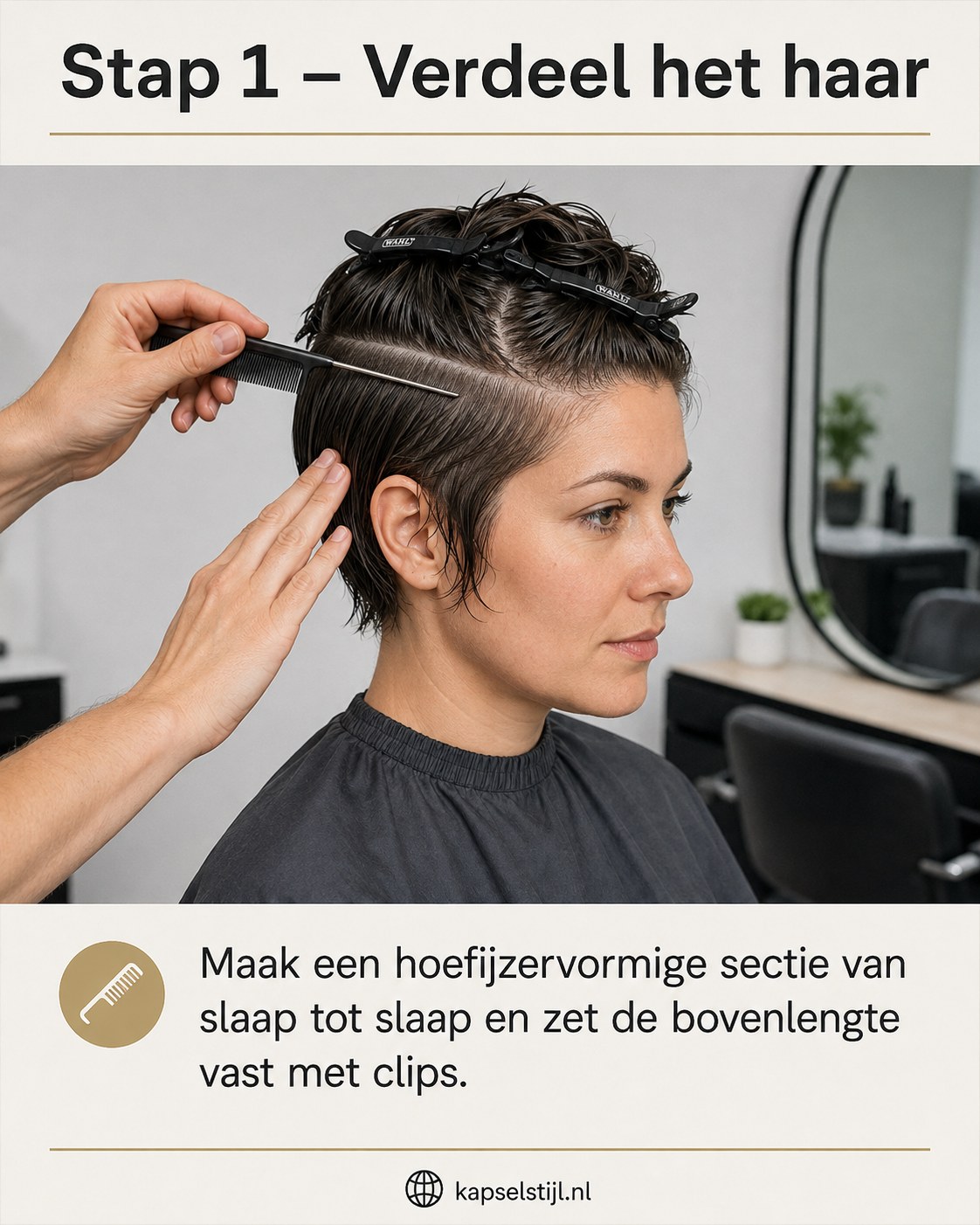 Kapster verdeelt het haar in een hoefijzervormige sectie als eerste stap voor de grijze undercut pixie kapsel