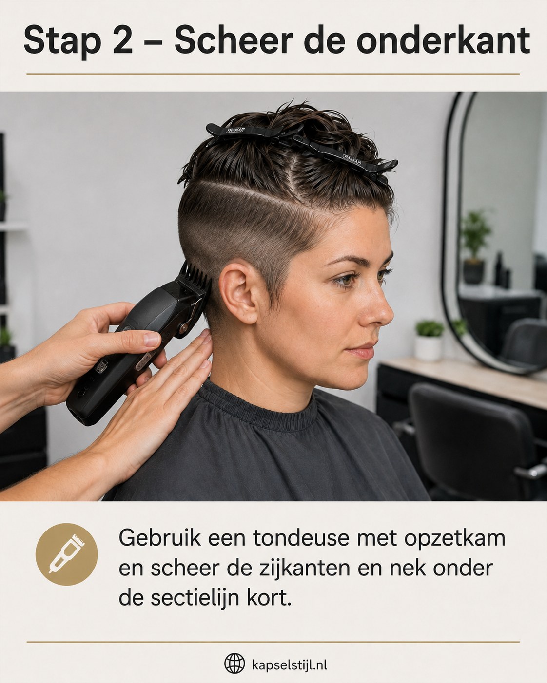 Tondeuse scheert de onderkant kort voor de undercut bij deze grijze undercut pixie kapsel