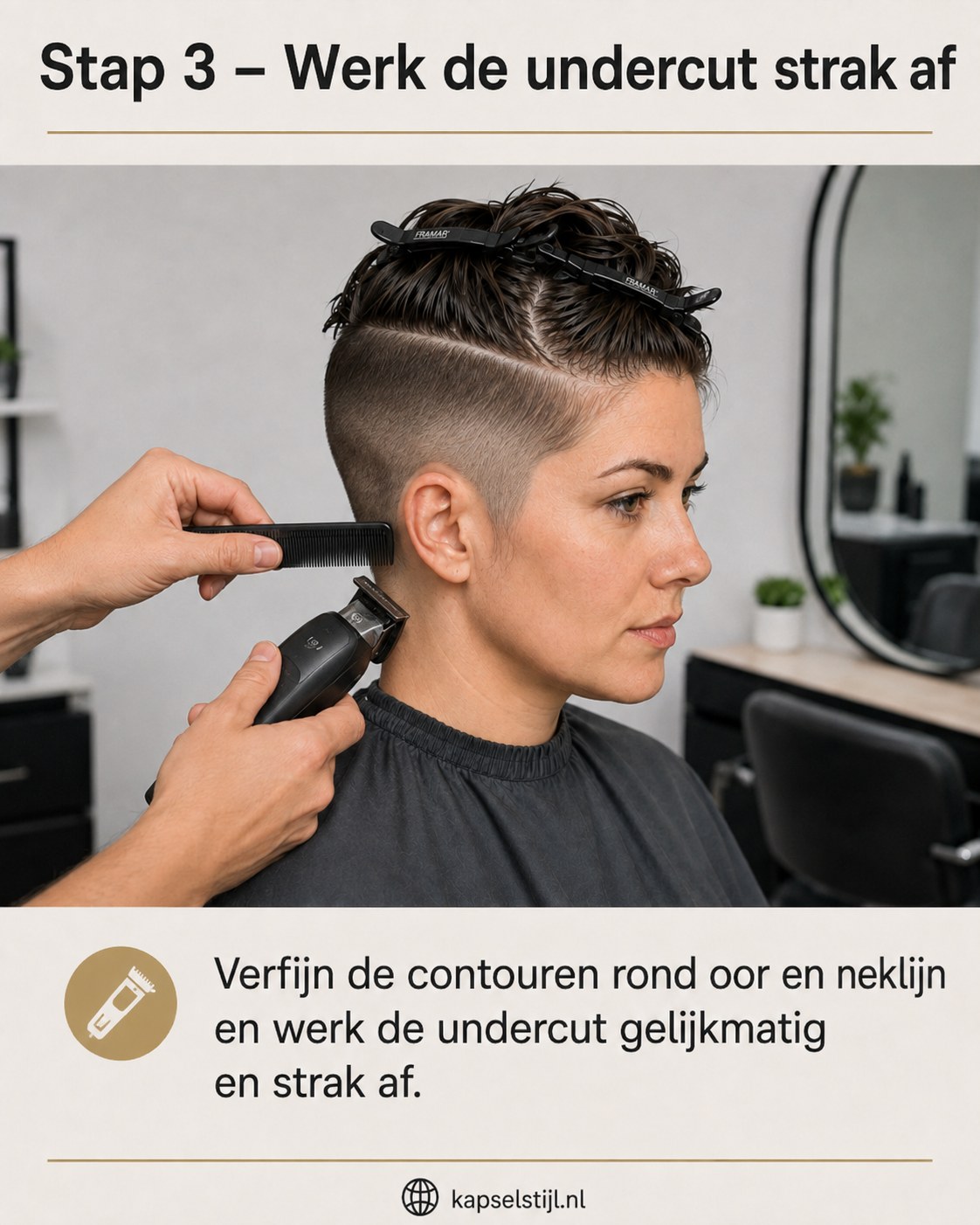 Contouren rond oor en nek worden strak afgewerkt voor een egale undercut bij deze pixie kapsel