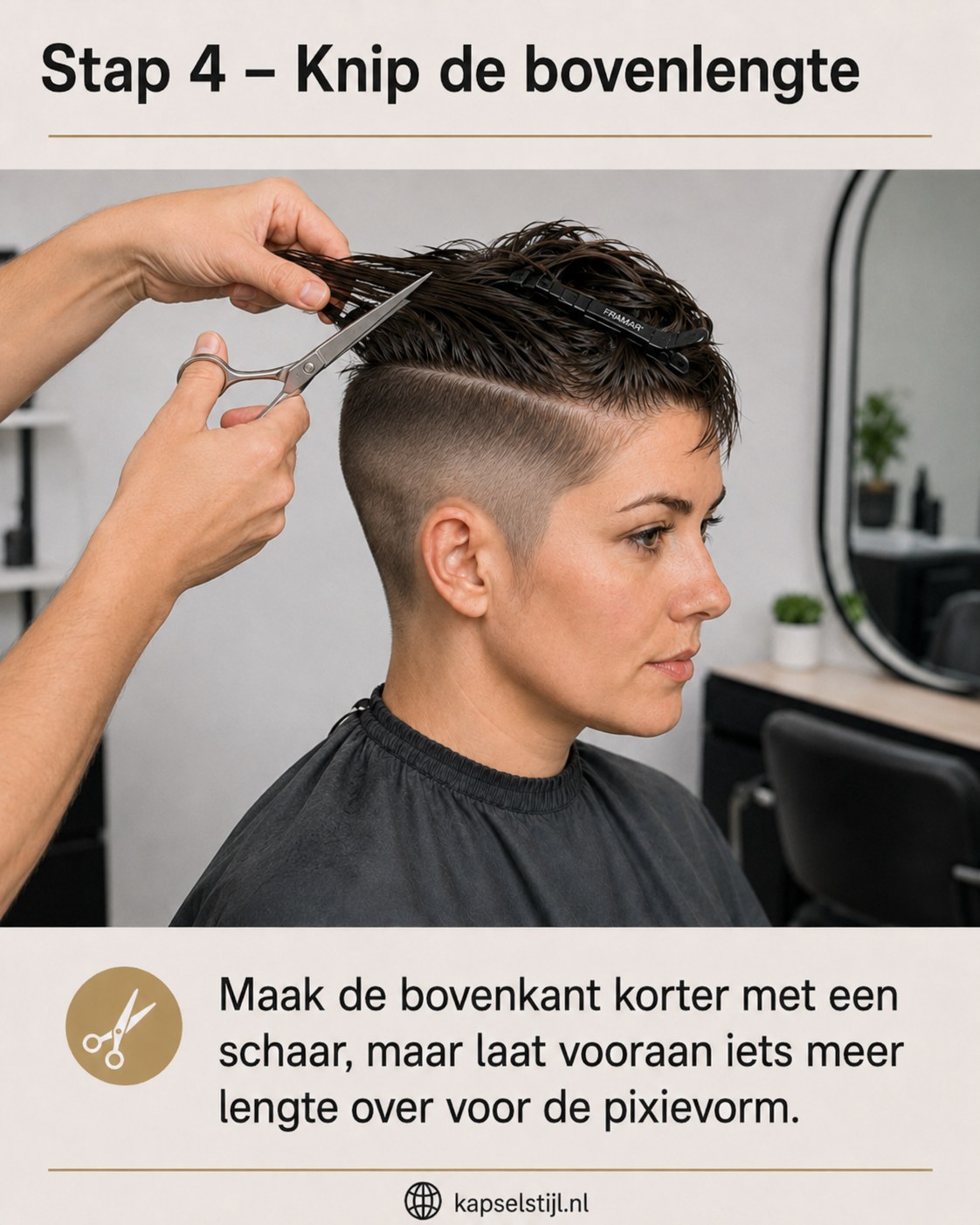 Schaar knipt de bovenlengte korter met behoud van lengte vooraan voor de pixievorm