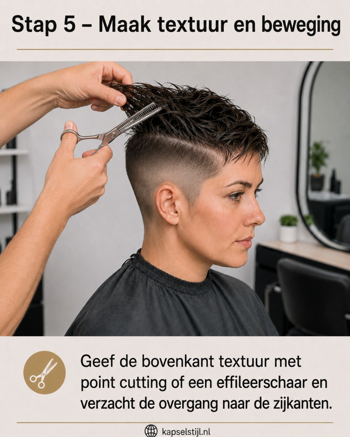 Effileerschaar geeft de bovenkant textuur en beweging bij de grijze undercut pixie kapsel