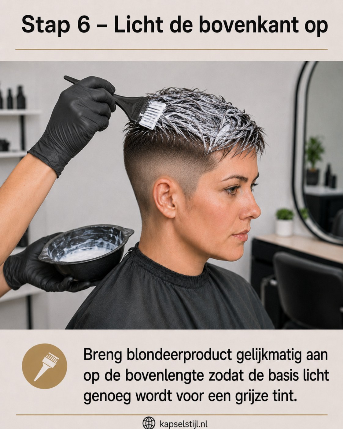 Blondeerproduct wordt gelijkmatig aangebracht op de bovenlengte als basis voor het grijs