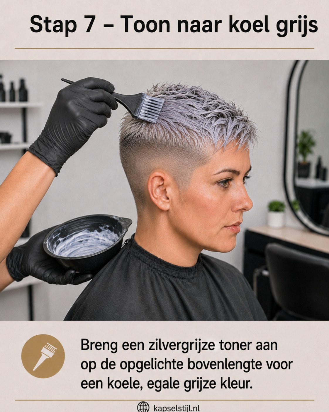 Zilvergrijze toner wordt aangebracht voor een koele, egale grijze tint op de pixie
