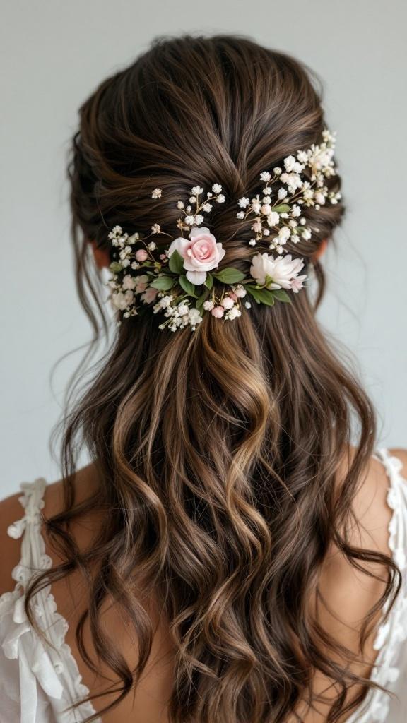 Half opgestoken lang haar met bloemen