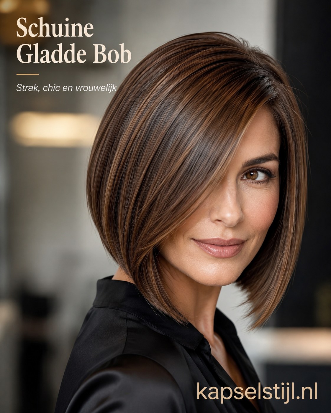 Schuine gladde bob toont een strakke, vrouwelijke uitvoering van halflang kapsel met laagjes