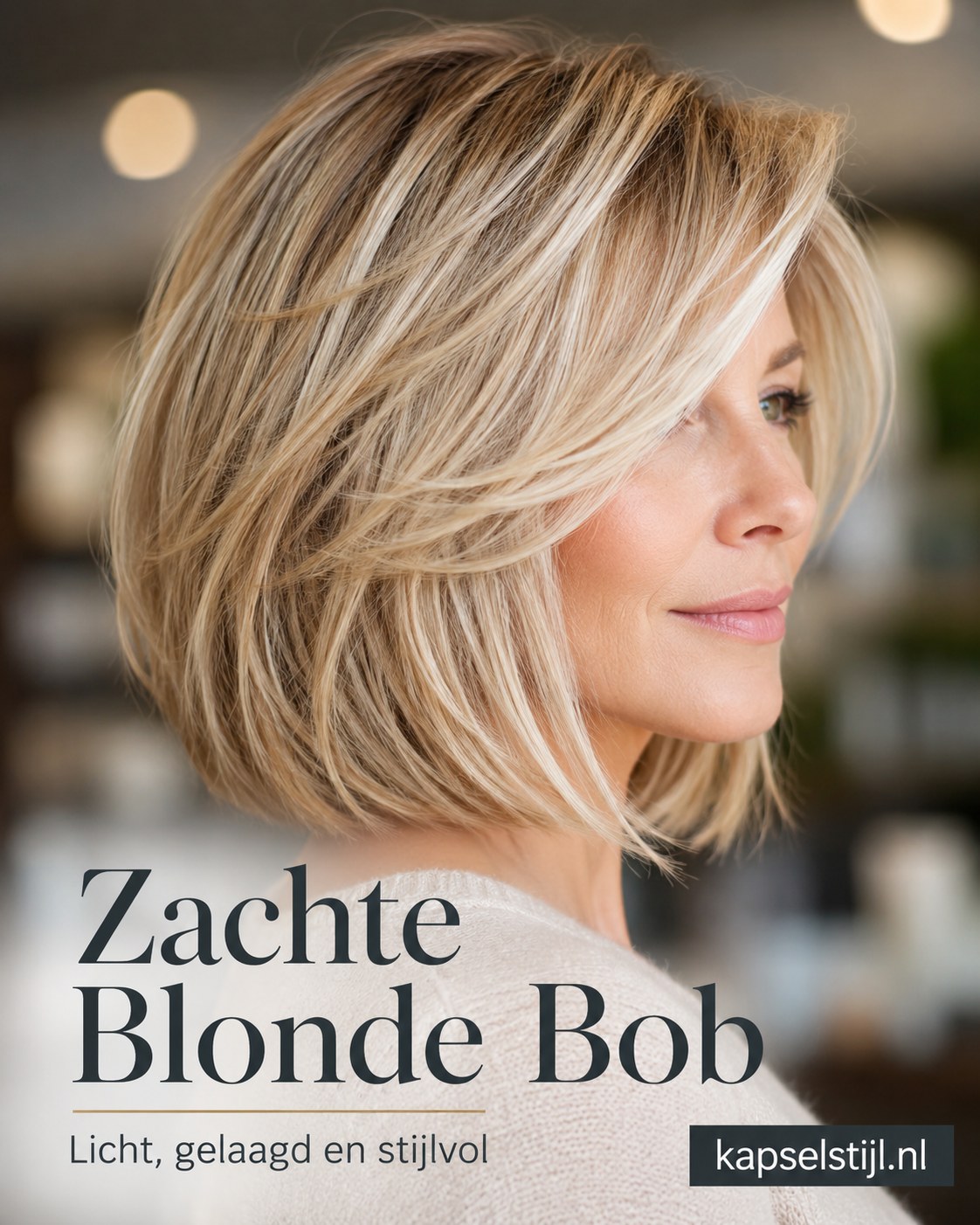 Zachte blonde bob laat een licht en gelaagd halflang kapsel met laagjes stijlvol naar buiten komen