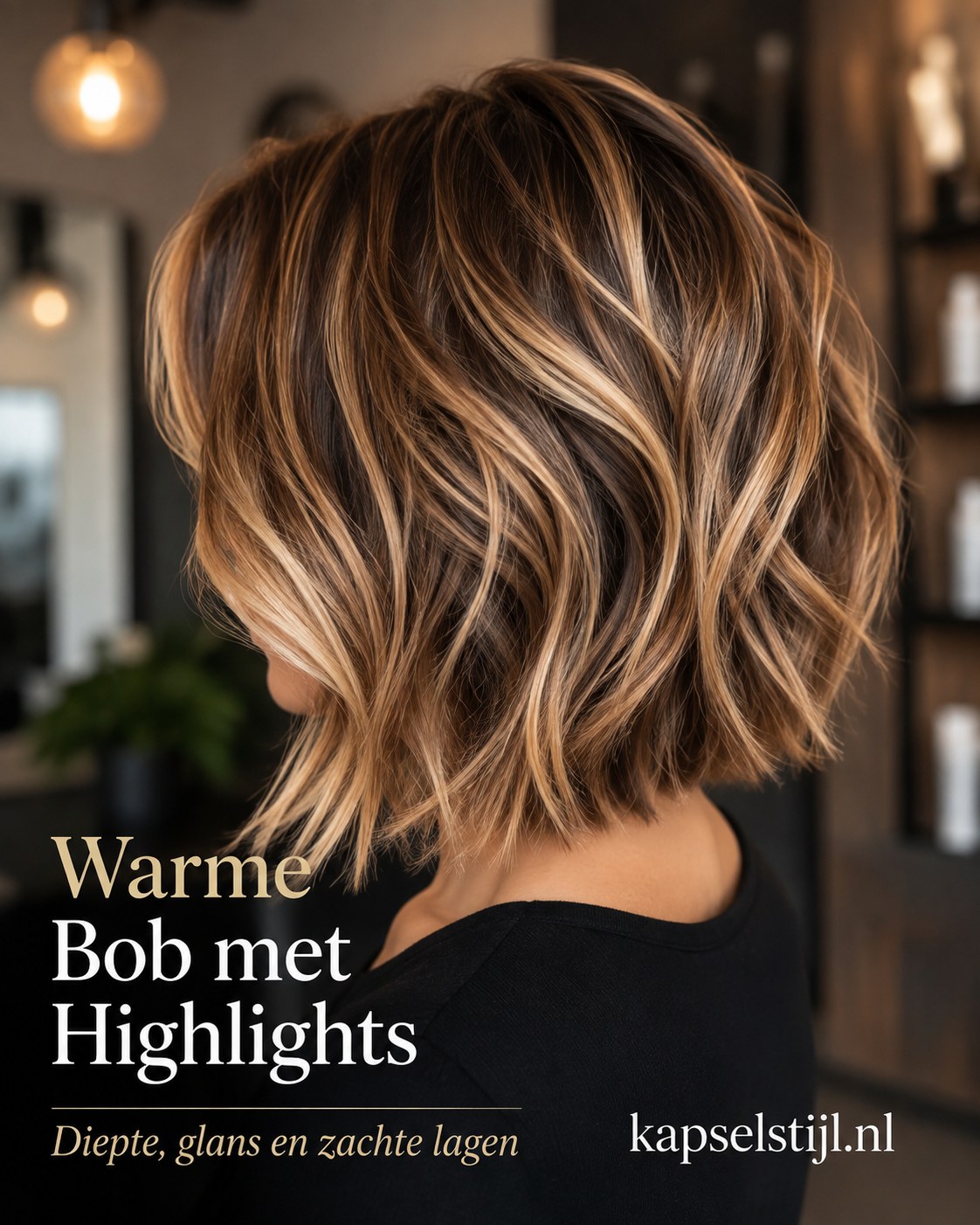 Warme bob met highlights combineert diepte en glans in een halflang kapsel met laagjes