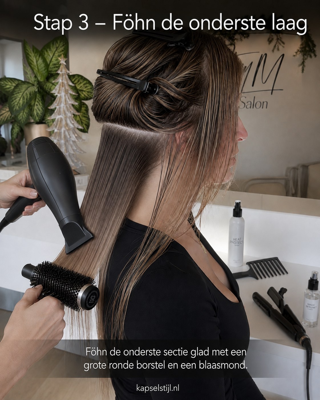 Onderste haarsectie wordt gladgeföhnd met ronde borstel bij koele bruine balayage styling