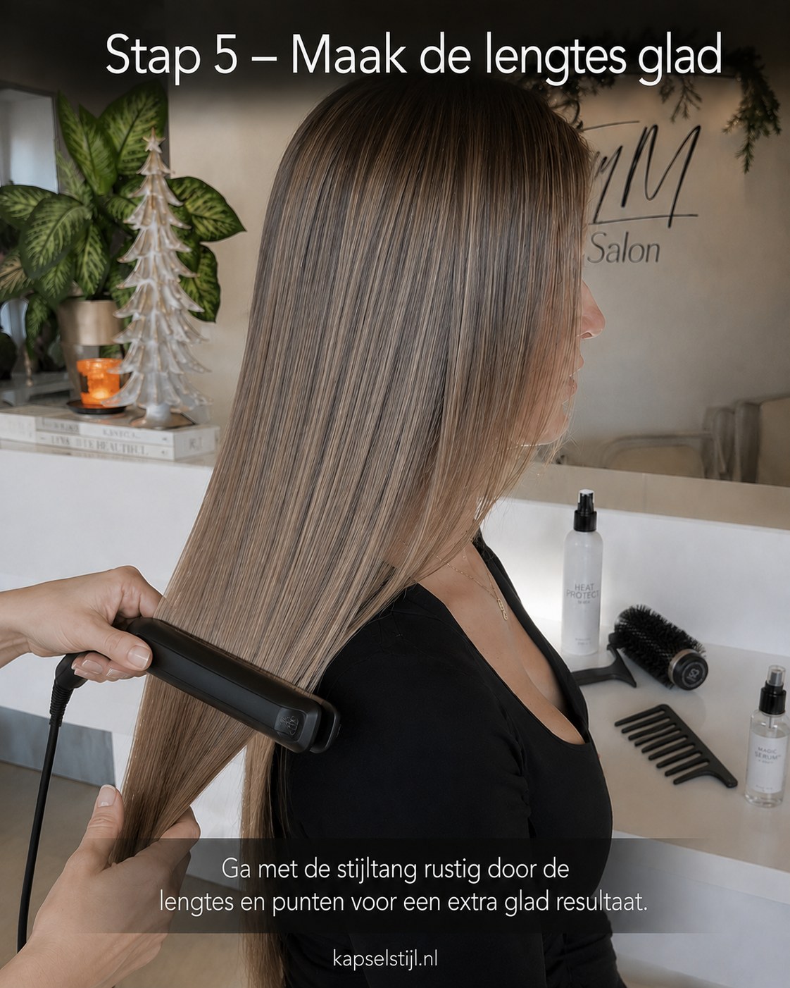Stijltang glijdt rustig door de lengtes voor een glad resultaat bij bruine balayage
