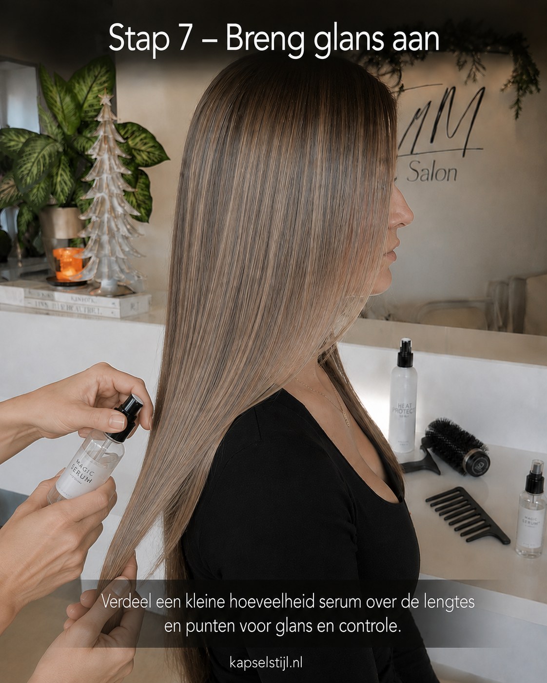 Glansserum wordt verdeeld over lengtes en punten om de koele bruine balayage te finishen