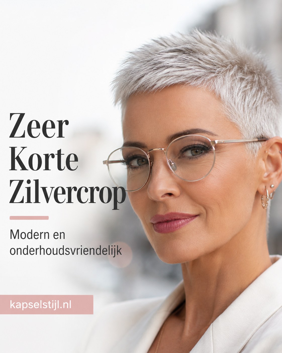 Zeer korte zilvercrop, minimalistisch kort kapsel met bril en weinig stylingtijd