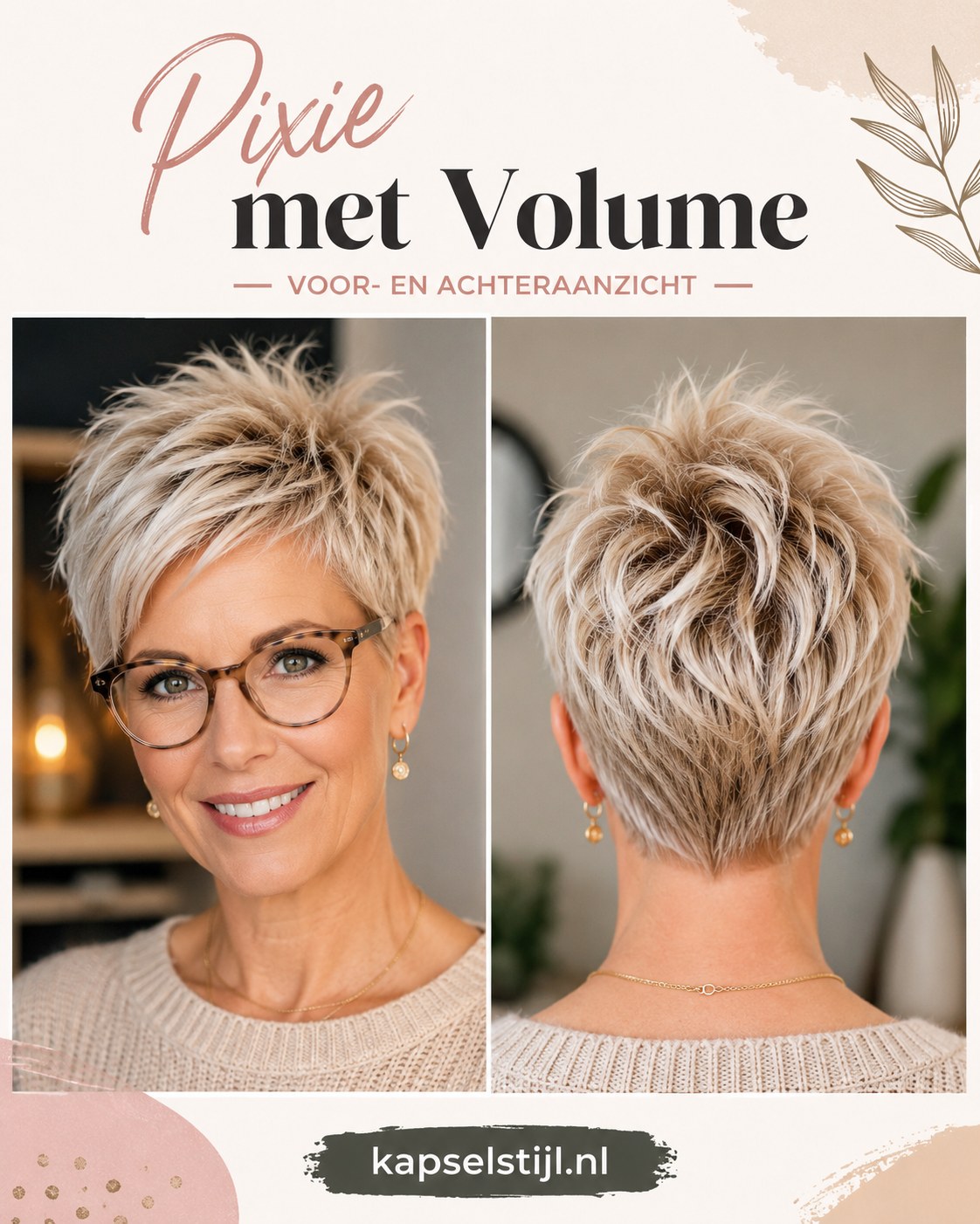 Pixie met volume in voor- en achteraanzicht, een kort kapsel met bril en veel beweging