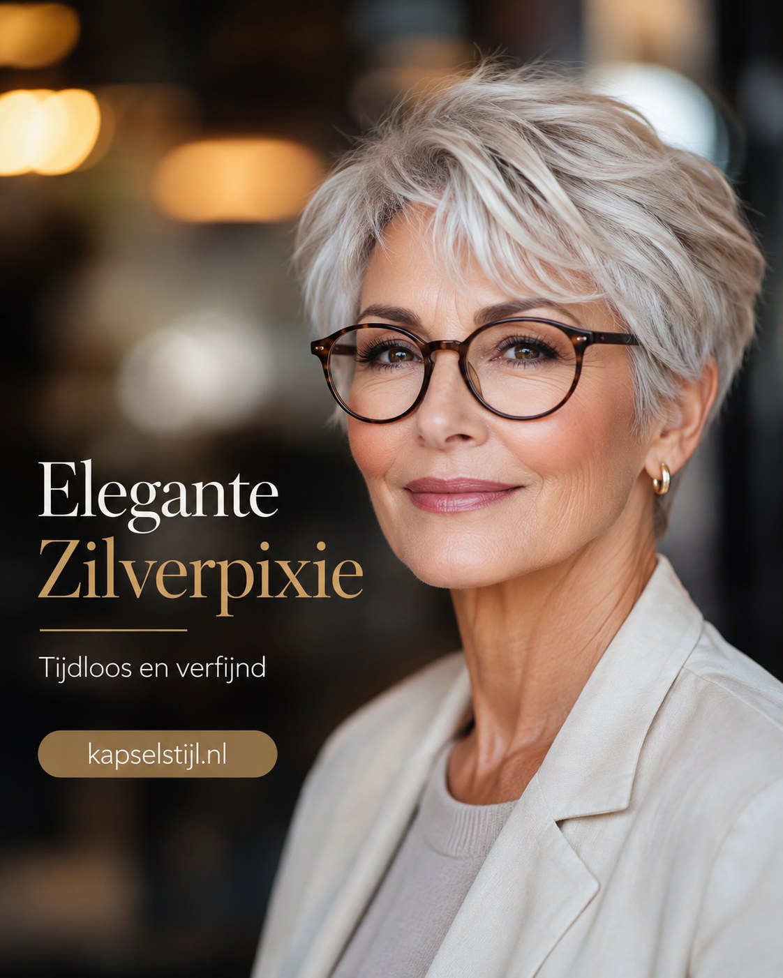 Elegante zilverpixie gecombineerd met een rond montuur, een tijdloos kort kapsel met bril