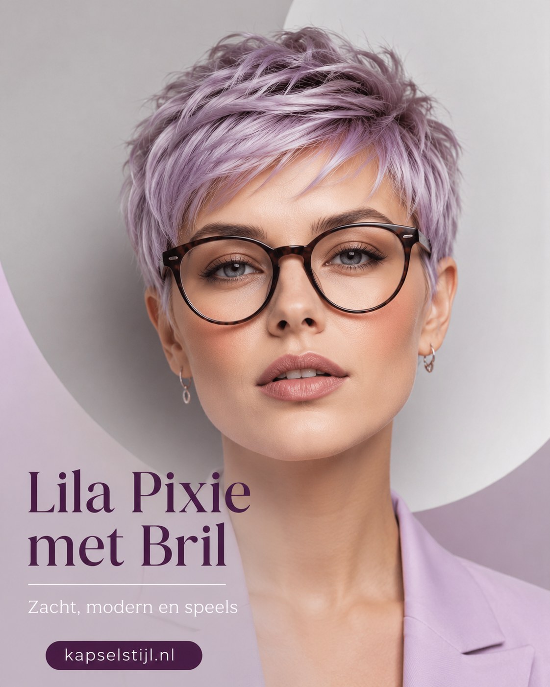 Lila pixie met bril in een rond montuur, speels kort kapsel met een kleurrijke twist