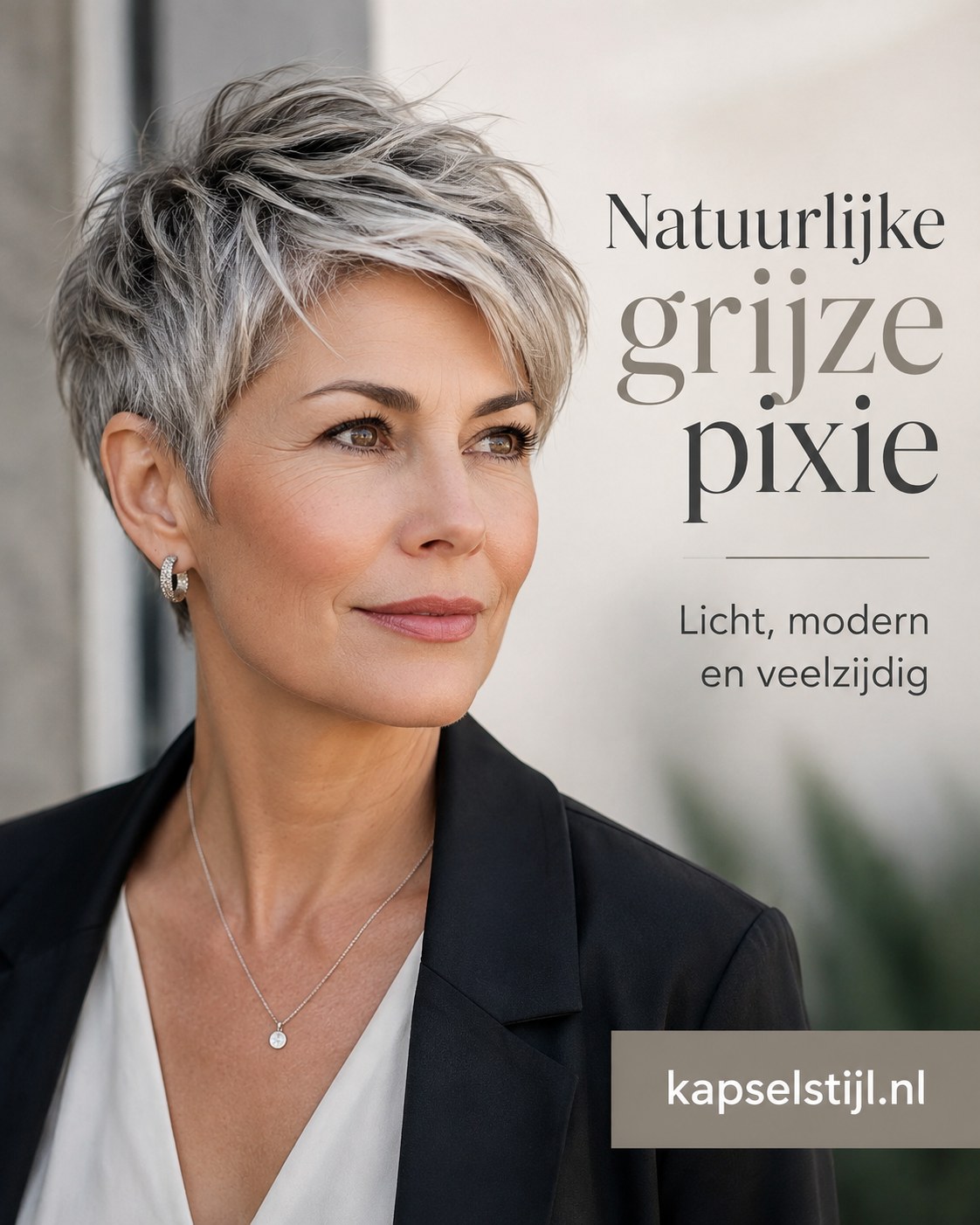 Natuurlijke grijze pixie zonder kleurbehandeling, tijdloos kapsel voor vrouwen boven de 70
