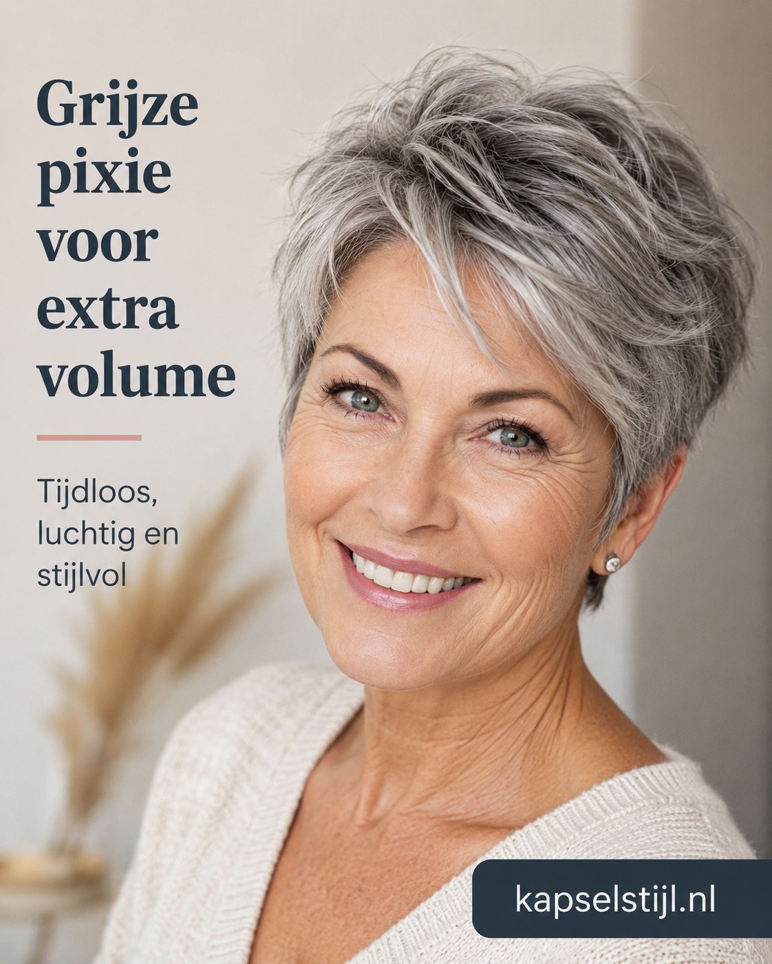 Grijze pixie met extra volume bij de kruin, praktisch kapsel voor dunner wordend haar op oudere leeftijd