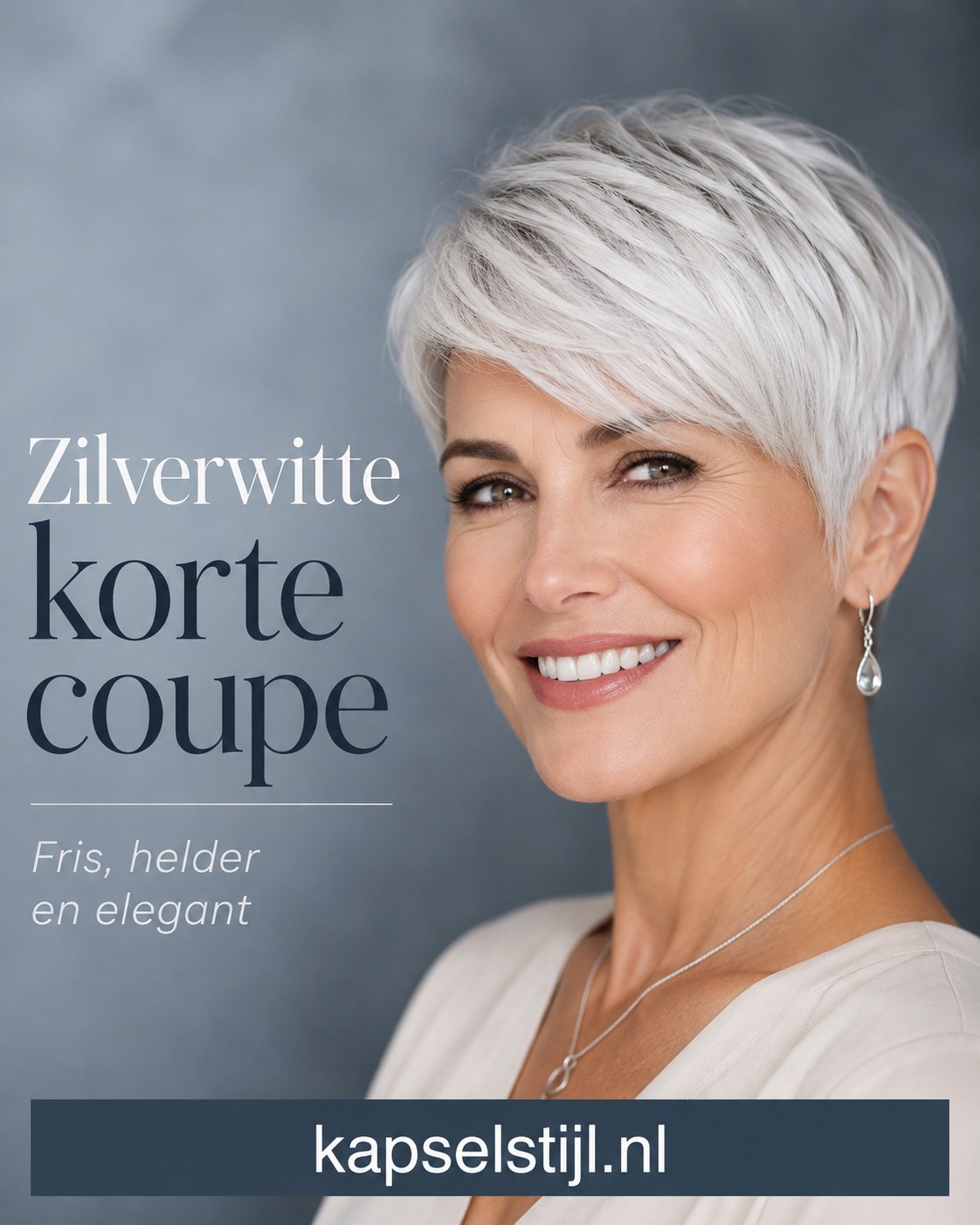 Zilverwitte korte coupe met zijwaartse pony, elegante keuze voor vrouwen boven de 70