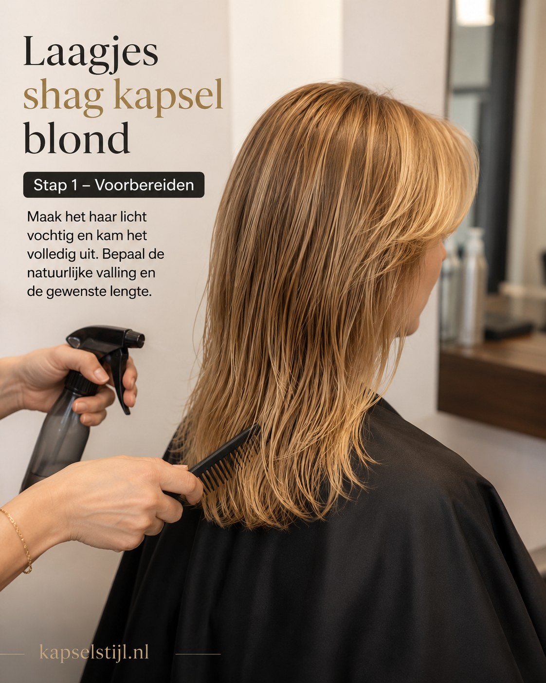 Kapster bevochtigt en kamt het haar uit als eerste stap van het laagjes shag kapsel blond