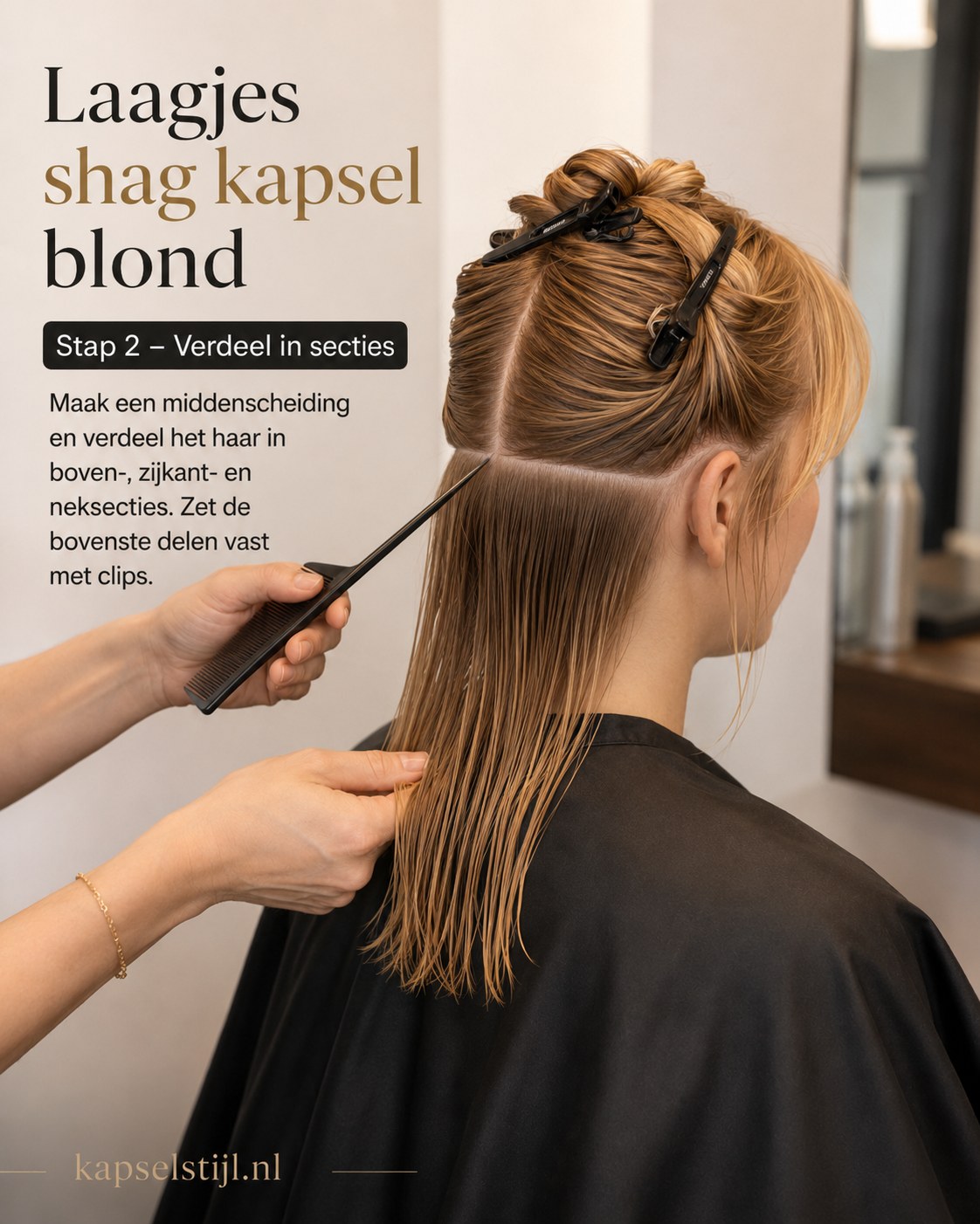 Middenscheiding en sectie-indeling voor het knippen van een laagjes shag kapsel blond