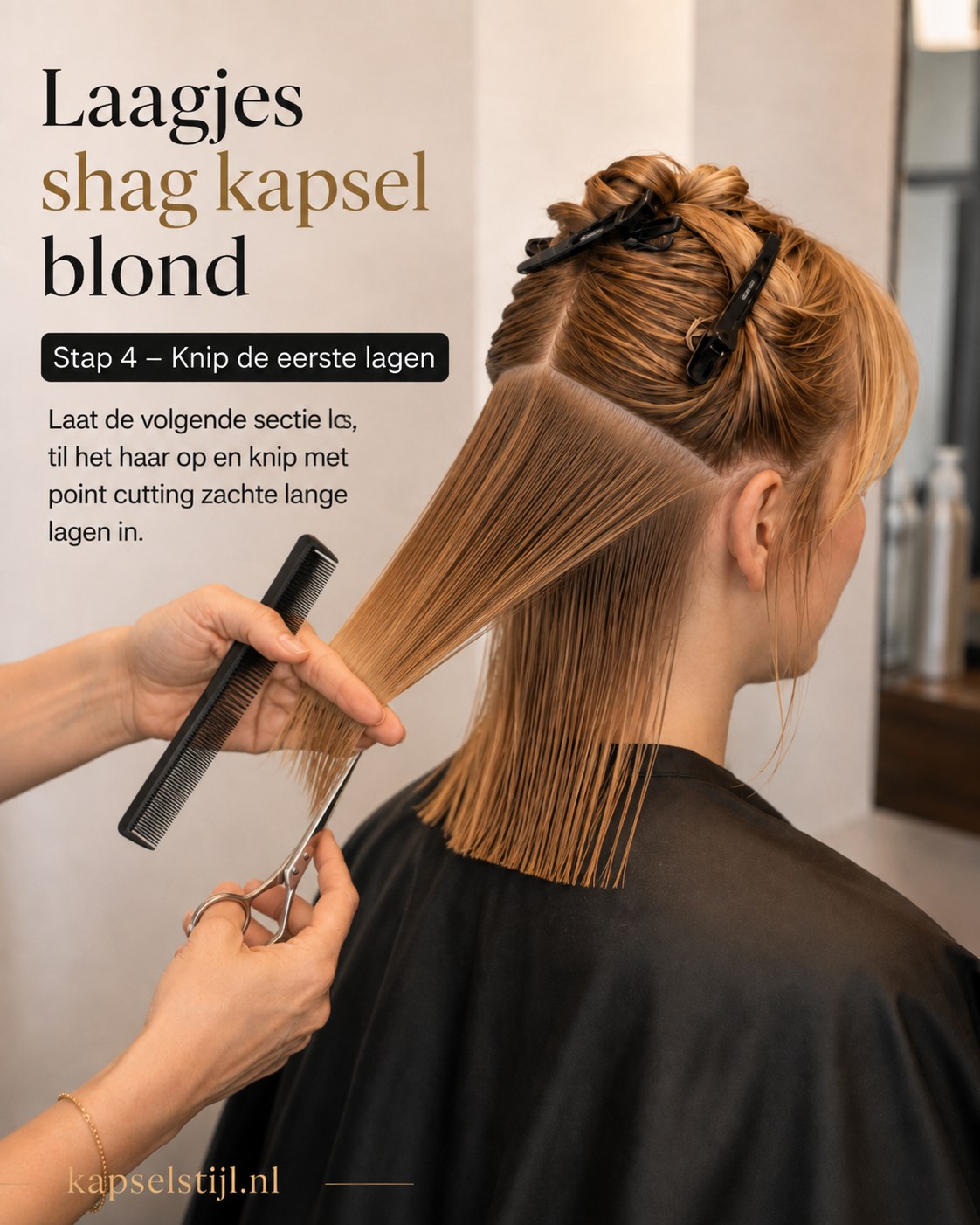 Point cutting techniek voor de eerste lange lagen van het laagjes shag kapsel blond