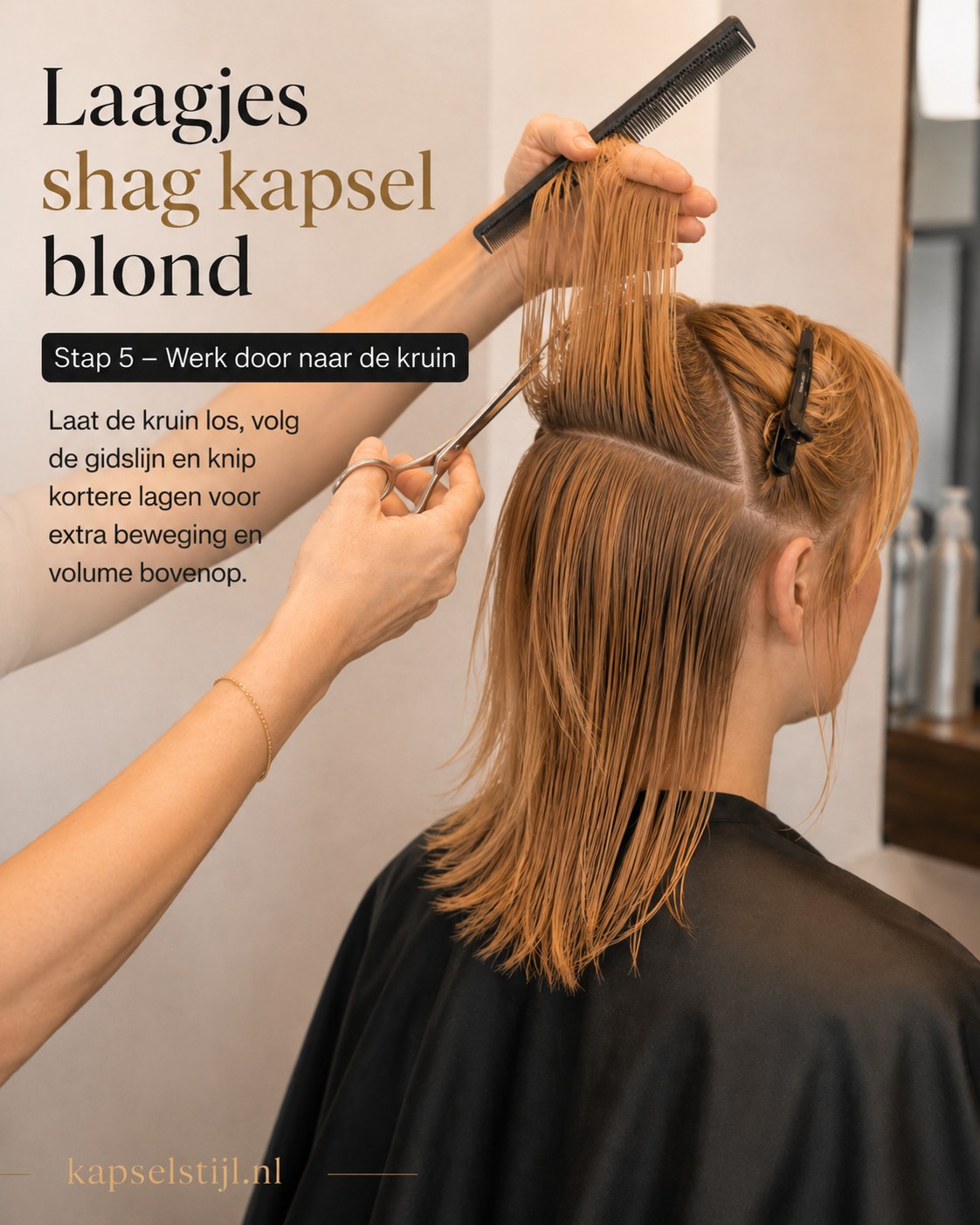 Kortere lagen bij de kruin geven volume aan het laagjes shag kapsel blond