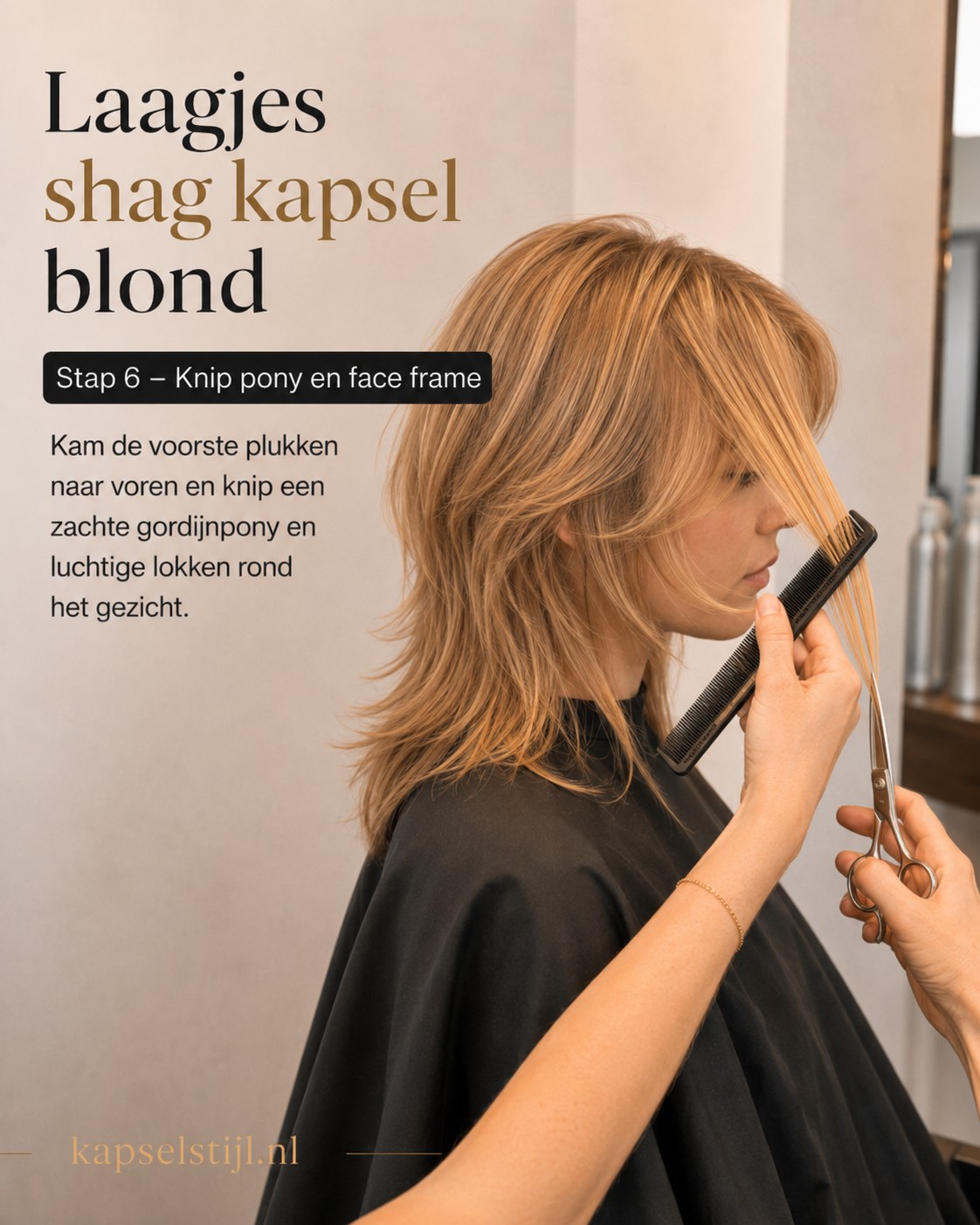 Zachte gordijnpony en face frame geknipt voor het laagjes shag kapsel blond