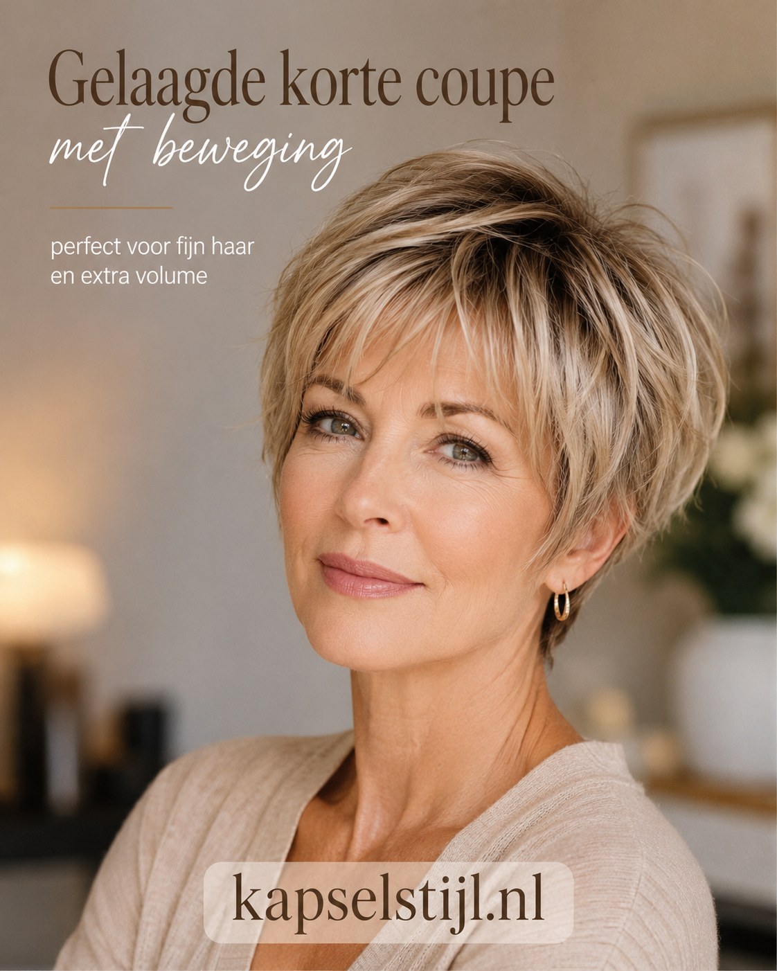 Gelaagde korte coupe met beweging, perfect voor extra volume bij fijn haar