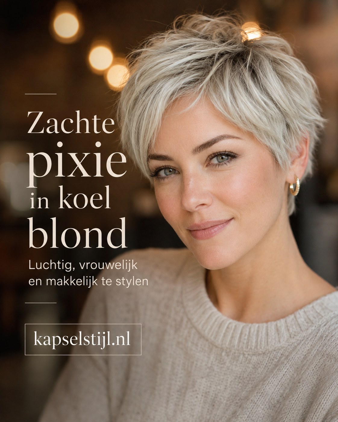 Zachte pixie in koel blond, luchtig en makkelijk te stylen voor fijn haar