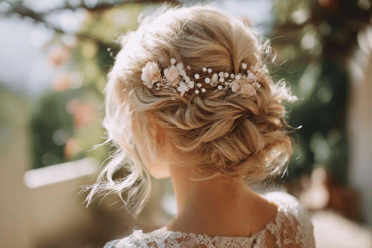 Romantische messy bun bruid