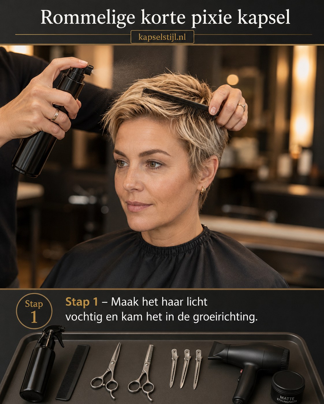 Rommelige korte pixie kapsel start met vochtig haar kammen in de groeirichting bij Salon Ilse