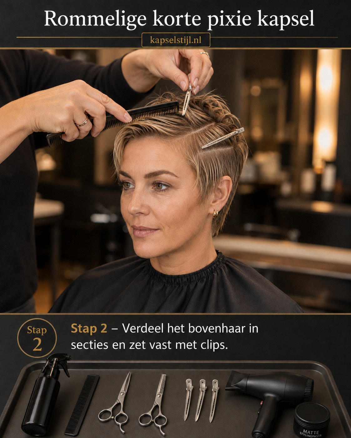 Bovenhaar wordt in secties verdeeld en vastgezet voor een rommelige korte pixie kapsel