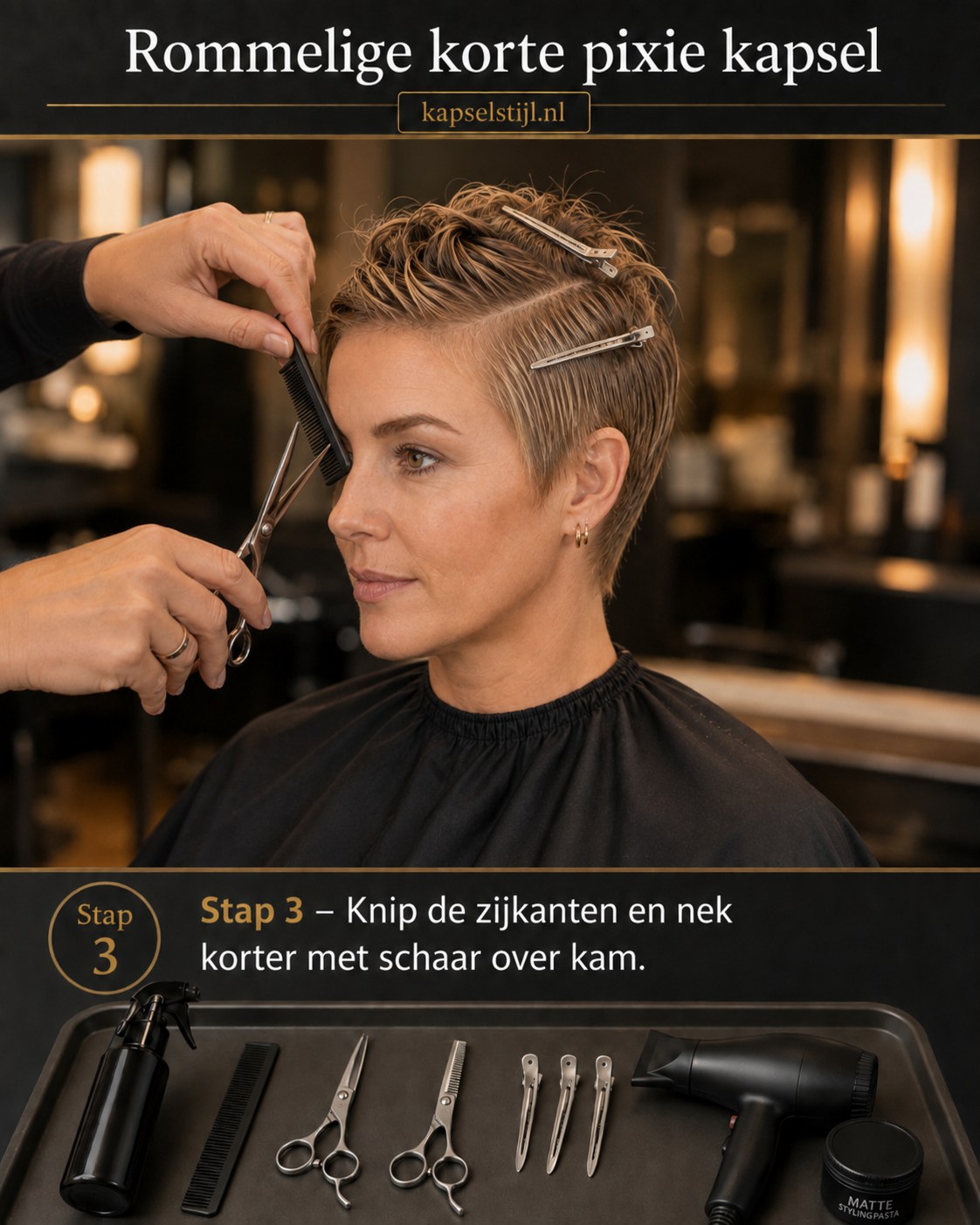 Zijkanten en nek korter geknipt met schaar over kam voor de rommelige korte pixie kapsel