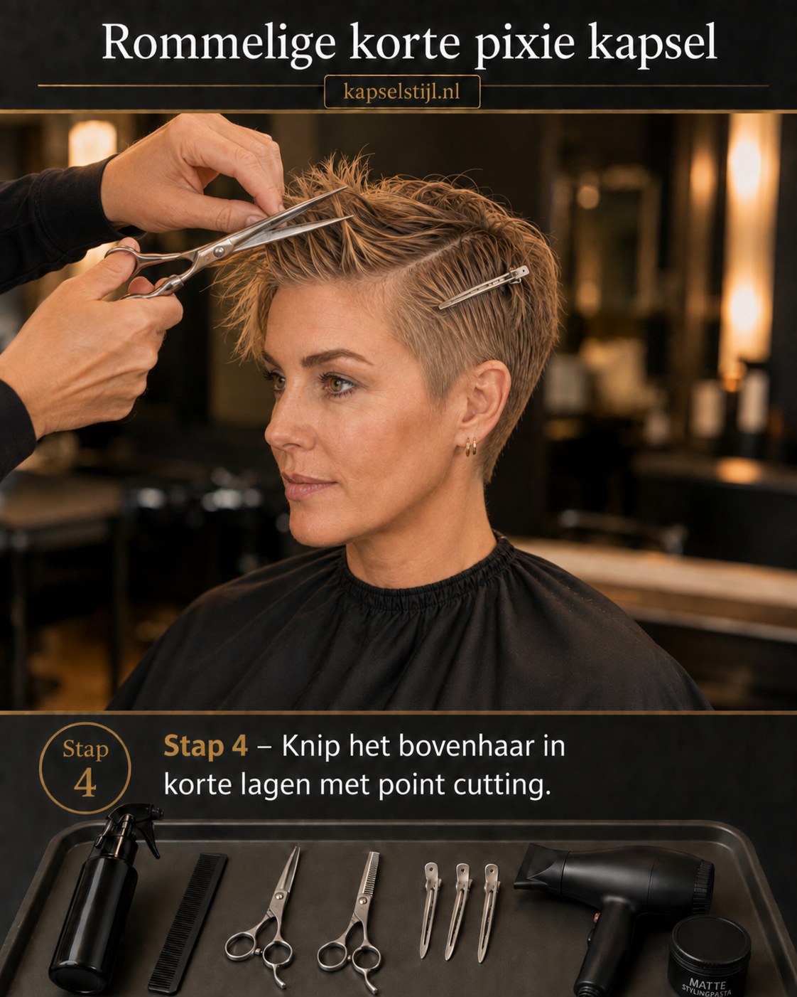 Bovenhaar in korte lagen geknipt met point cutting voor een losse rommelige korte pixie kapsel